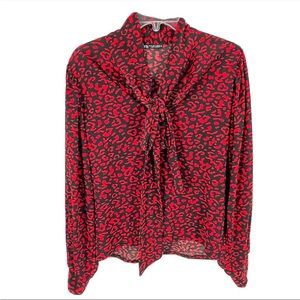 Zara Red Animal Print Tie Neck Top Size Small nwot